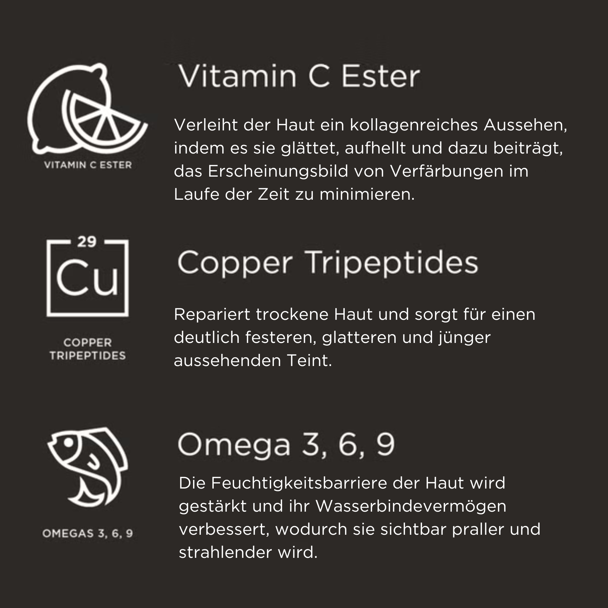 Image of featured ingredients for Cold Plasma Plus+. Vitamin C Ester: Helps give the appearance of collagen-rich skin by smoothing, brightening and helping to minimise the look of discolouration over time. Copper Tripeptides: Repairs dry skin for a dramatically firmer, smoother, younger-looking complexion over time. Omega 3,6,9: Visibly plums and increases radiance by strengthening skin's moisture barrier and improving its ability to retain water.